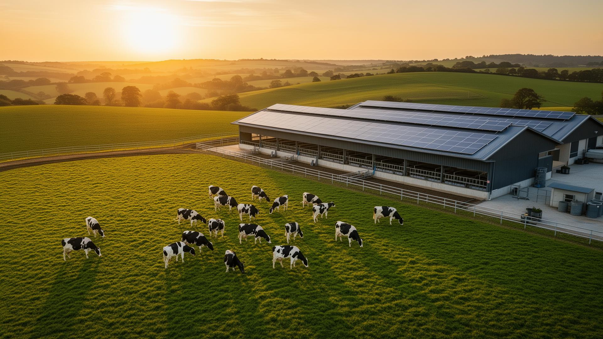Fazenda leiteira moderna ao amanhecer com vacas holandesas e estábulo com painéis solares
